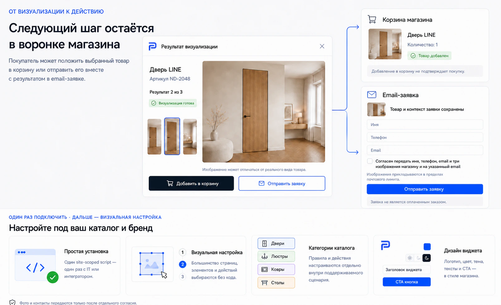 Интерфейс результата с кнопками добавления товара в корзину и отправки заявки