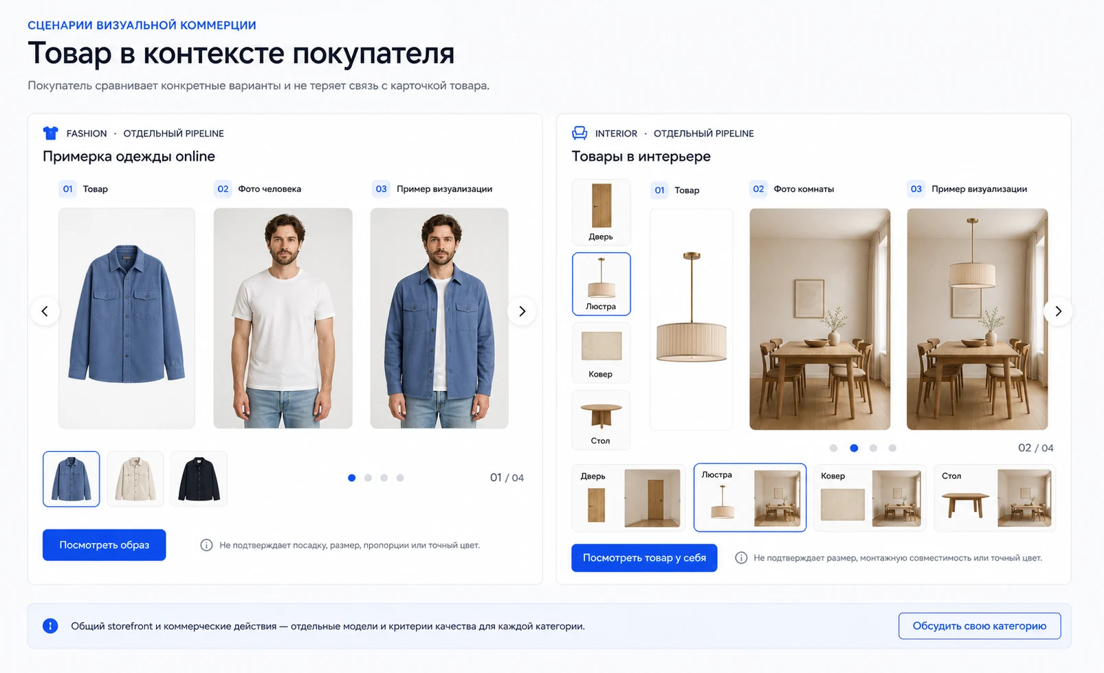Интерфейс онлайн-примерки: товар, фотография человека и пример визуализации